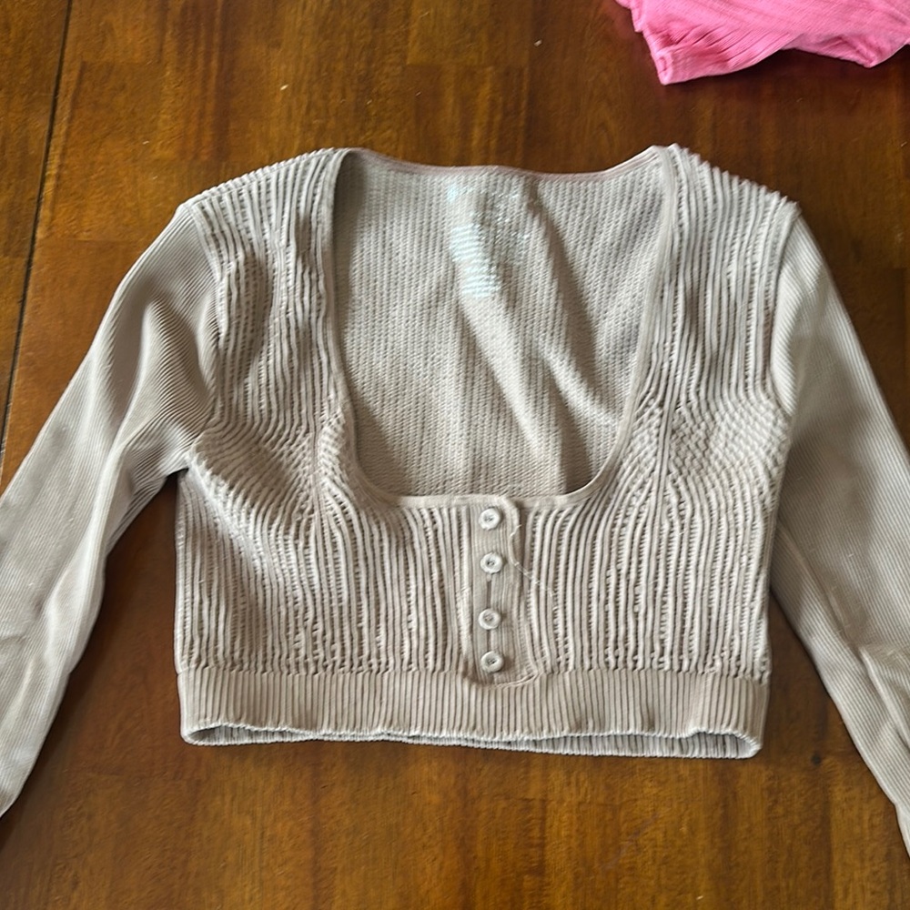 Free People Tan Ribbed 3/4 Sleeve Crop Blouse